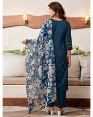 SKYLEE Women Embroidered Straight Kurta Set with Organza Dupatta | Cotton Blend Kurti Pant Suit | Latest Indian Ethnic Wear Malaysia | Women Kurung Set for Festive & Casual Wear