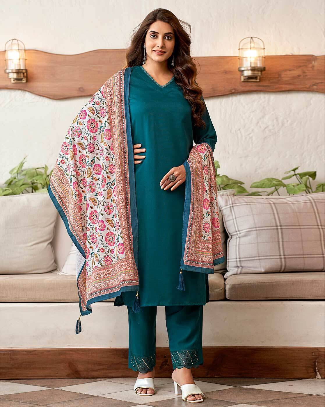 SKYLEE Women Floral Print Straight Kurta Suit Set with Dupatta | Cotton Blend Kurti Pant Set | Indian Ethnic Wear for Women Malaysia