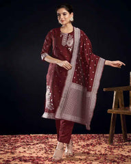 SKYLEE Women’s Floral Woven Silk Blend Straight Kurta Suit Set with Dupatta & Pants | Stylish Ethnic Wear for Women Malaysia | Party & Festive Kurti Set