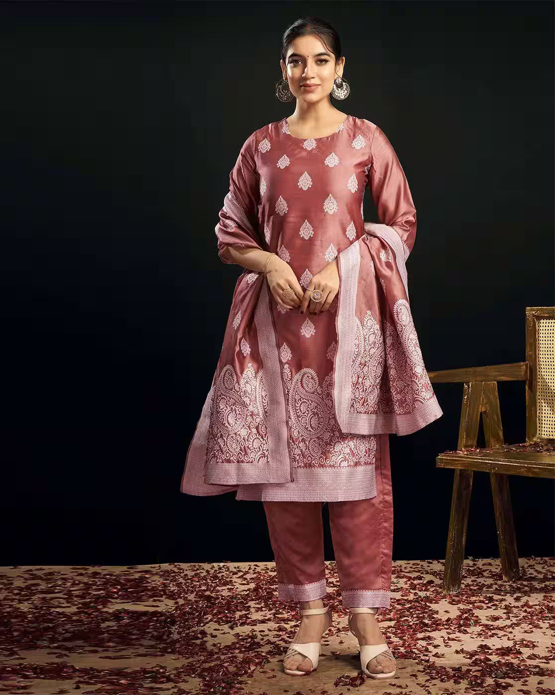 SKYLEE Women’s Silk Blend Woven Straight Kurta Suit Set with Dupatta | Indian Ethnic Wear Kurti Pant Set | Party Wear Kurta Set for Women Malaysia