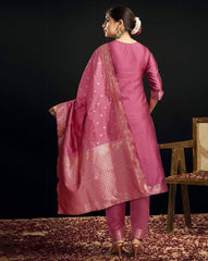 SKYLEE Women’s Floral Woven Silk Blend Straight Kurta Suit Set with Dupatta & Pants | Stylish Ethnic Wear for Women Malaysia | Party & Festive Kurti Set