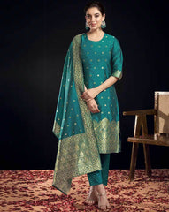 Violet & Gold Silk Blend Jacquard Woven Kurta Set with Trousers & Dupatta | Elegant Indian Ethnic Wear for Women Malaysia