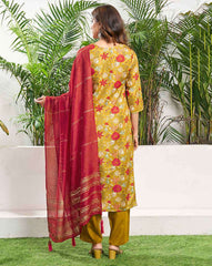 SKYLEE Women Floral Print Straight Kurta Set with Dupatta | Stylish Cotton Blend Indian Ethnic Wear for Women Malaysia | Kurti with Pants & Chanderi Dupatta