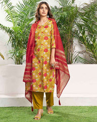 SKYLEE Women Floral Print Straight Kurta Set with Dupatta | Stylish Cotton Blend Indian Ethnic Wear for Women Malaysia | Kurti with Pants & Chanderi Dupatta