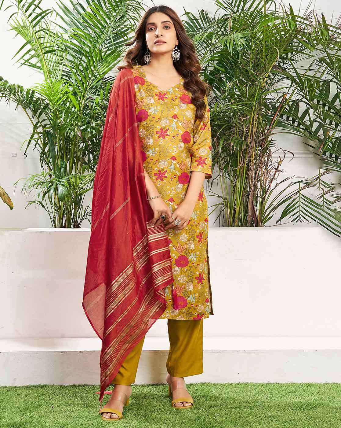 SKYLEE Women Floral Print Straight Kurta Set with Dupatta | Stylish Cotton Blend Indian Ethnic Wear for Women Malaysia | Kurti with Pants & Chanderi Dupatta