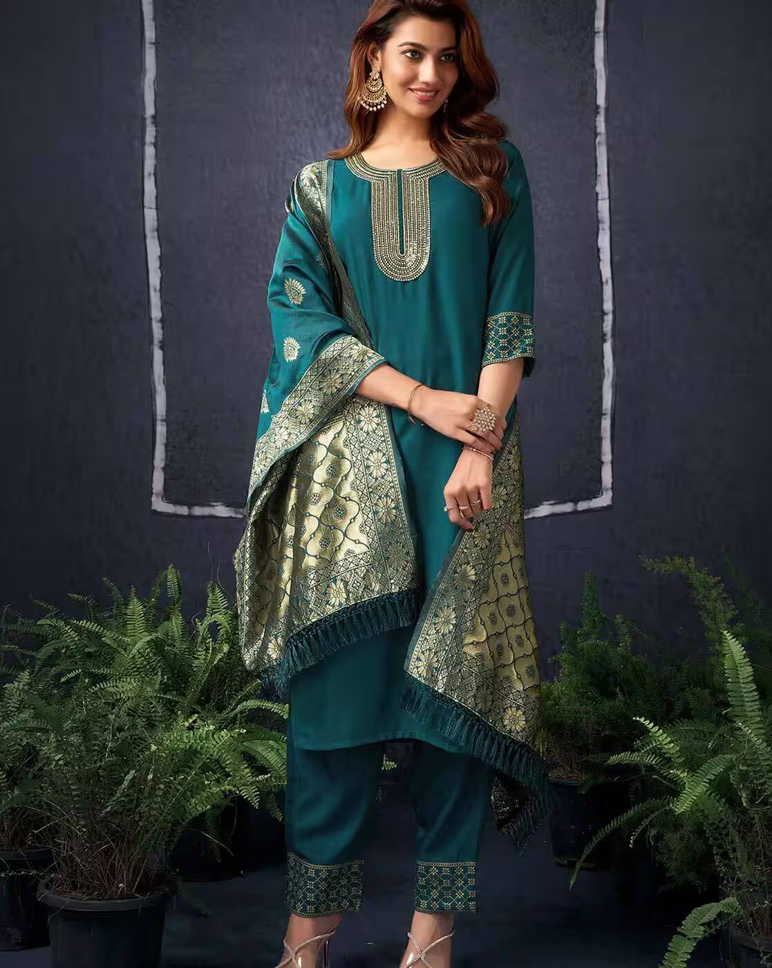 SKYLEE Women Cotton Blend Woven Straight Kurta Set with Organza Dupatta | Indian Ethnic Wear Kurti Pant Set | Casual & Festive Kurta Set for Women Malaysia