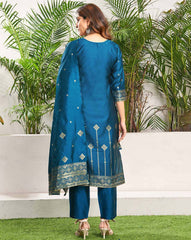 SKYLEE Women Silk Blend Woven Straight Kurta Set with Dupatta | Ethnic Wear Kurti Pant Set | Indian Pakistani Dress for Women | Festive & Party Wear Kurta Suit Malaysia