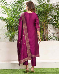 SKYLEE Women Silk Blend Self-Design Kurta Set with Pant & Dupatta | Elegant Ethnic Wear for Wedding, Party & Festive | Calf Length Salwar Suit