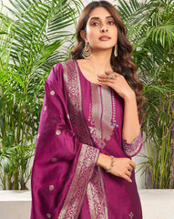 SKYLEE Women Silk Blend Self-Design Kurta Set with Pant & Dupatta | Elegant Ethnic Wear for Wedding, Party & Festive | Calf Length Salwar Suit