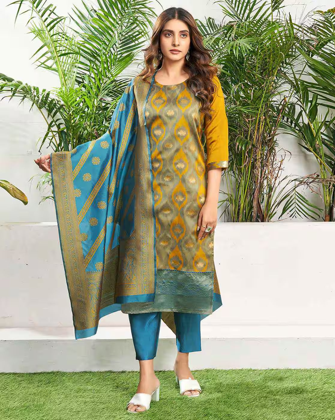 SKYLEE Women Silk Blend Self-Design Kurta Set with Pant & Dupatta | Elegant Ethnic Wear for Wedding, Party & Festive | Calf Length Salwar Suit