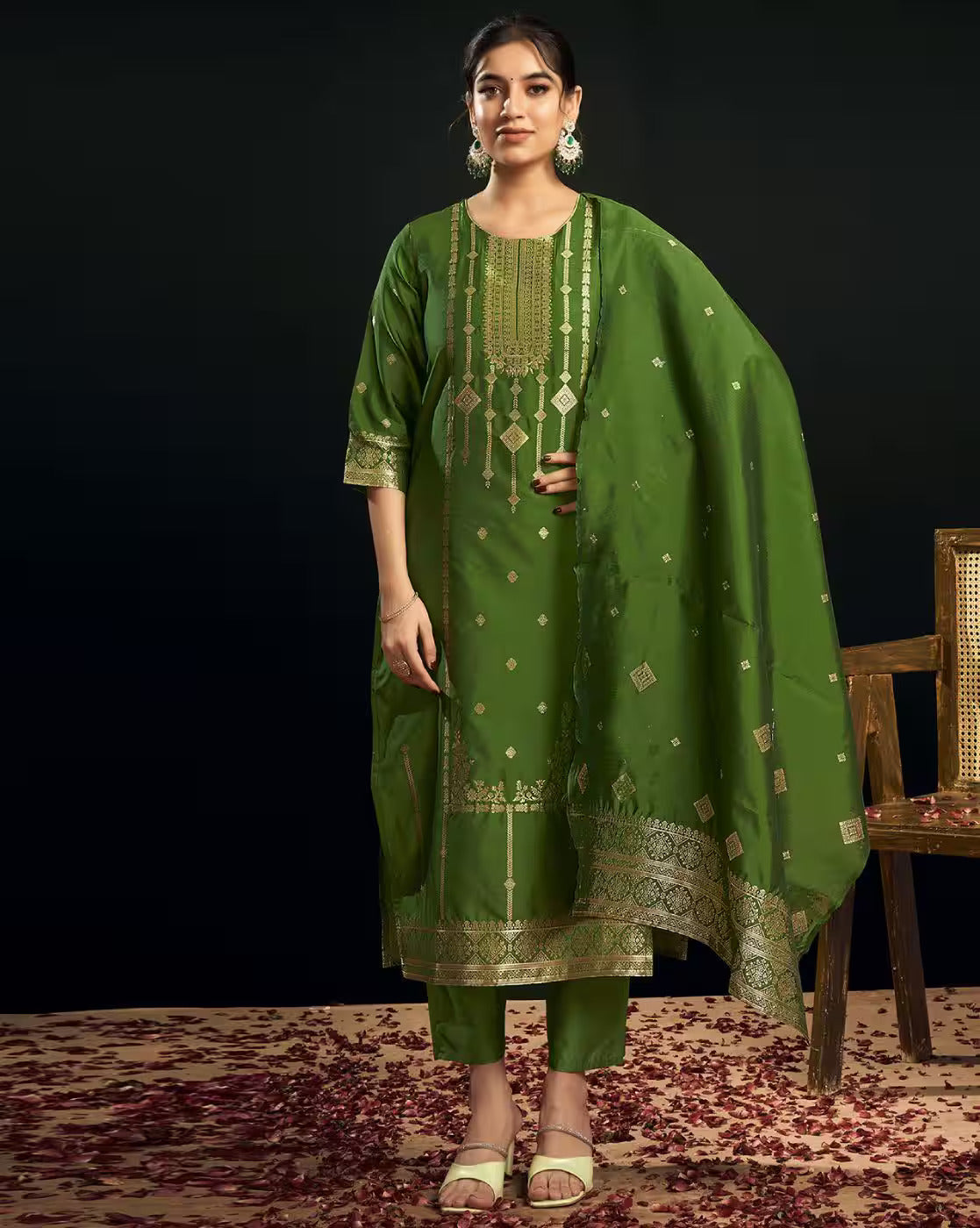 SKYLEE Women Silk Blend Woven Straight Kurta Set with Dupatta | Ethnic Wear Kurti Pant Set | Indian Pakistani Dress for Women | Festive & Party Wear Kurta Suit Malaysia