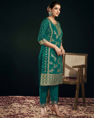 SKYLEE Women Silk Blend Woven Straight Kurta Set with Dupatta | Indian Ethnic Wear | Salwar Kameez Suit Set for Women Malaysia | Party & Festive Kurti Pant Set