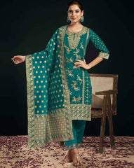 SKYLEE Women Silk Blend Woven Straight Kurta Set with Dupatta | Indian Ethnic Wear | Salwar Kameez Suit Set for Women Malaysia | Party & Festive Kurti Pant Set