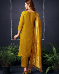 SKYLEE Women Silk Blend Woven Straight Kurta Set with Dupatta | Elegant Calf-Length Indian Ethnic Wear for Women | Party & Festive Kurti Pant Set Malaysia