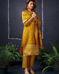 SKYLEE Women Silk Blend Woven Straight Kurta Set with Dupatta | Elegant Calf-Length Indian Ethnic Wear for Women | Party & Festive Kurti Pant Set Malaysia