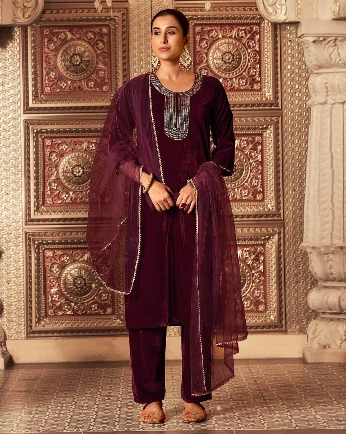 SKYLEE Velvet Embroidered Straight Kurta Set with Dupatta | Women’s Ethnic Wear | Party Wear Kurta Pant Set | Indian Pakistani Suit Malaysia