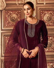 SKYLEE Velvet Embroidered Straight Kurta Set with Dupatta | Women’s Ethnic Wear | Party Wear Kurta Pant Set | Indian Pakistani Suit Malaysia