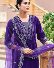 SKYLEE Women Velvet Embellished Embroidery Kurta Set with Net Dupatta | Designer Indian Ethnic Wear for Wedding, Party & Festive Collection Malaysia