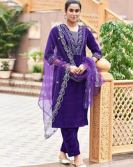 SKYLEE Women Velvet Embellished Embroidery Kurta Set with Net Dupatta | Designer Indian Ethnic Wear for Wedding, Party & Festive Collection Malaysia