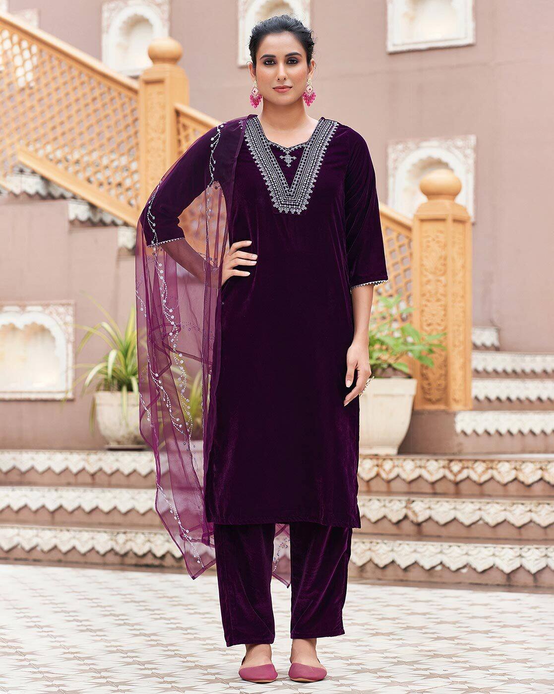 SKYLEE Women’s Velvet Sequins Embroidered Straight Kurta Set with Dupatta | Party Wear Pakistani Indian Dress | Ethnic Wear for Women Malaysia