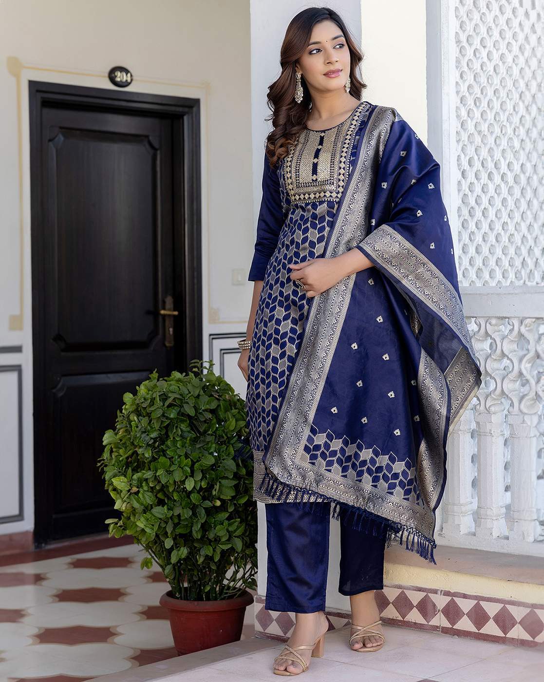 SHAILY Women Ethnic Motif Woven Silk Blend Kurta Set with Pants & Dupatta | Traditional Indian Outfit for Women | Stylish Ethnic Wear Malaysia Online