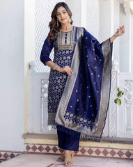 SHAILY Women Ethnic Motif Woven Silk Blend Kurta Set with Pants & Dupatta | Traditional Indian Outfit for Women | Stylish Ethnic Wear Malaysia Online