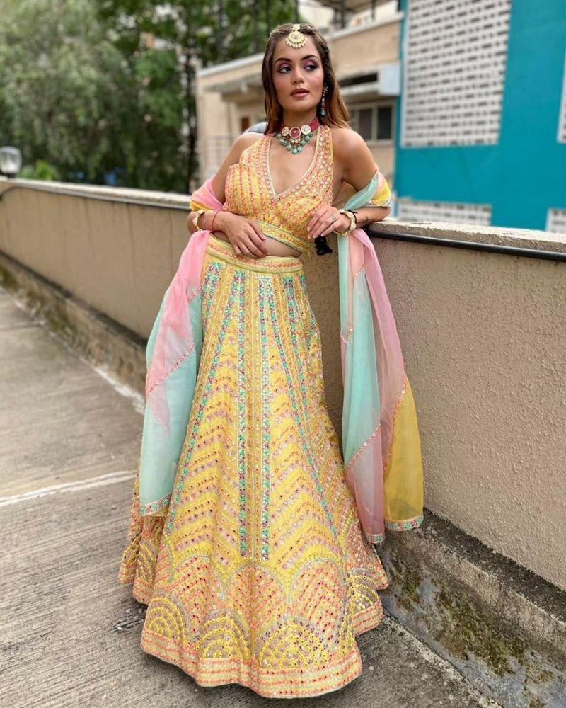 Yellow dola silk multi thread sequins designer Lehenga choli