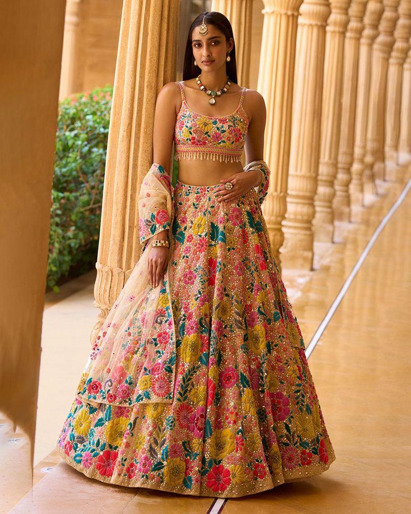 Chikoo Georgette multicolor thread wedding lehenga choli