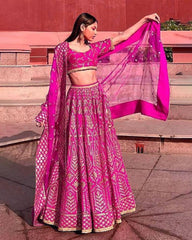 Pink satin silk traditional wedding lehenga choli