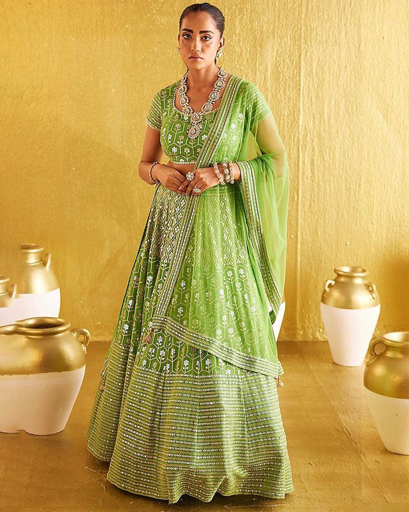 Parrot green banglori silk embroidery wedding lehenga choli