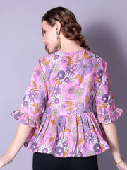 Pink Printed Bell-Sleeve Tunic for Women – Stylish Cotton 3/4 Sleeve Top | Trendy Casual & Office Wear Malaysia 2025