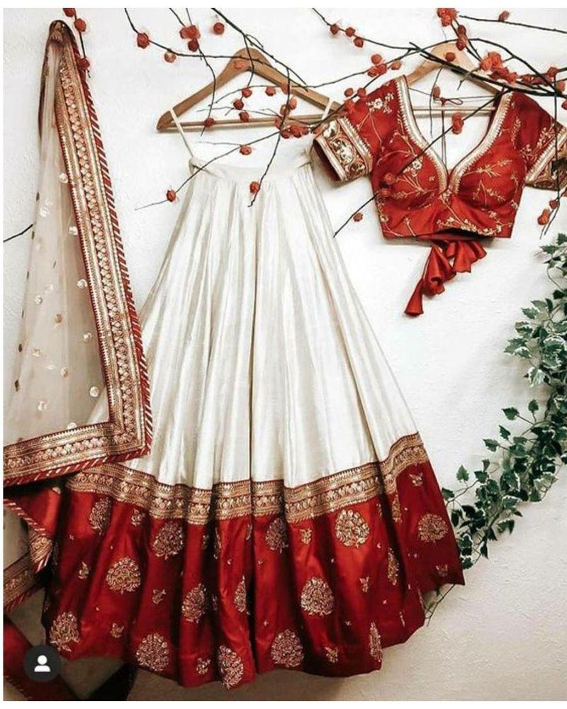 Red and White Colored Diamond Satin Lehenga Choli
