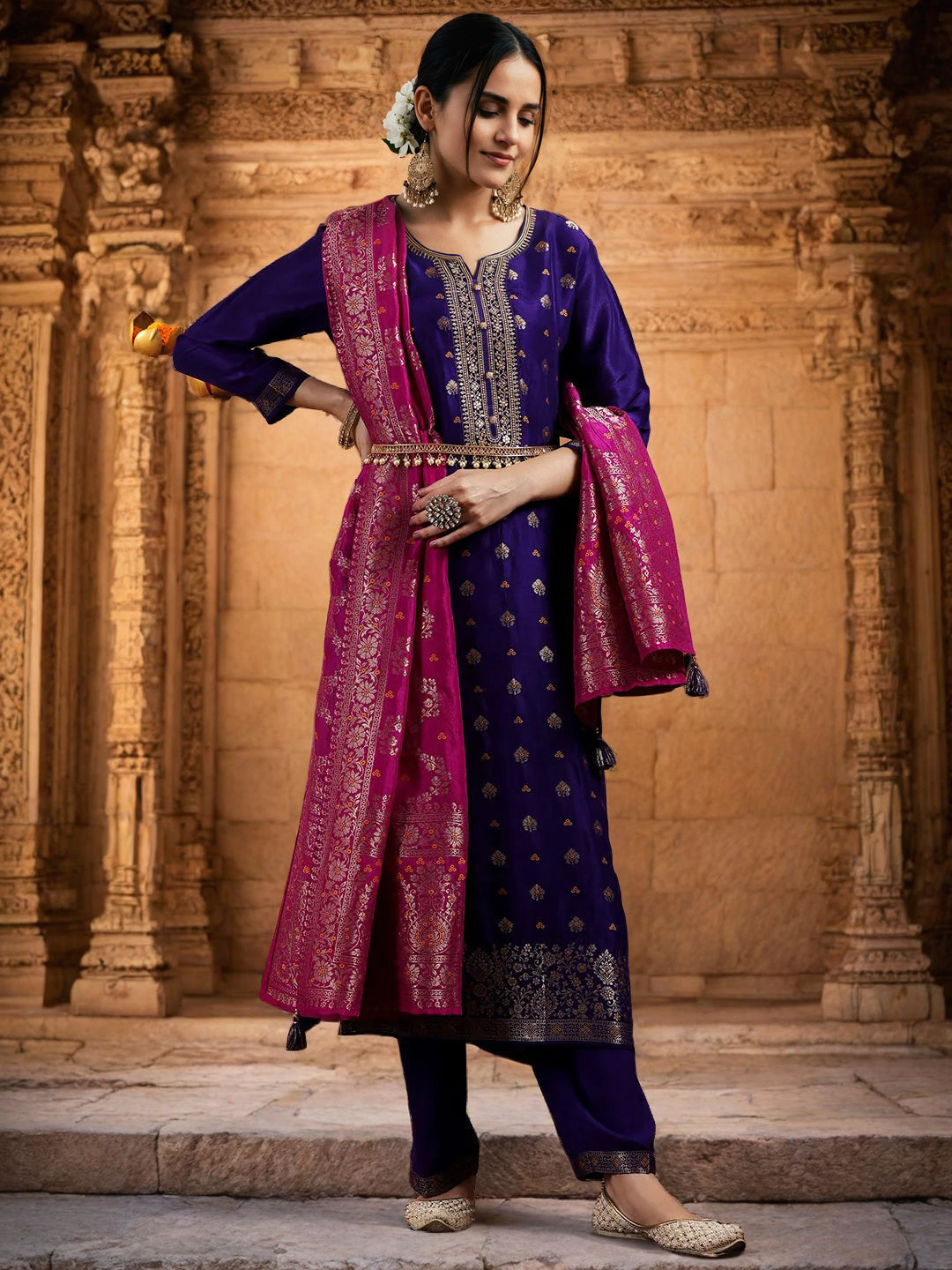 Violet Silk Kurta Set with Embroidery & Jacquard Bottom Dupatta | Designer Partywear & Ethnic Collection Malaysia