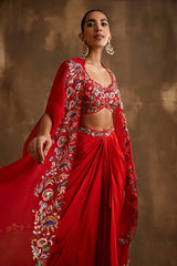 Red draped skirt with embroidered crop top & cape