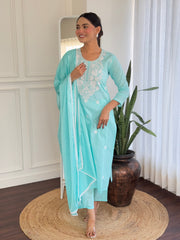 SKY COLOURED  WOMEN'S PURE COTTON  KURTA  WITH PANT DUPATTA  SET