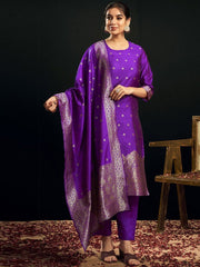 Violet & Gold Silk Blend Jacquard Woven Kurta Set with Trousers & Dupatta | Elegant Indian Ethnic Wear for Women Malaysia