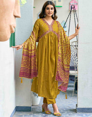 YELLOW COLOURED  WOMEN'S VISCOSE RAYON KURTA WITH  DUPATTA SET