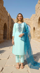 SKYBLUE COLOURED  WOMEN'S VISCOSE RAYON KURTA WITH  DUPATTA SET