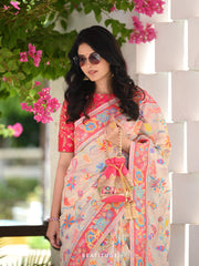 Kashmiri Weaving Multiple color thread weaving pure zari weaving White and cream coloured saree