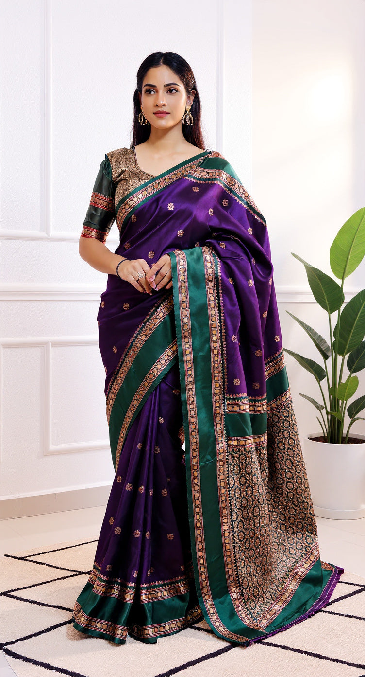 THE BANARASI SAREEIS MADE UP OF SILK THREADS WOVEN USING