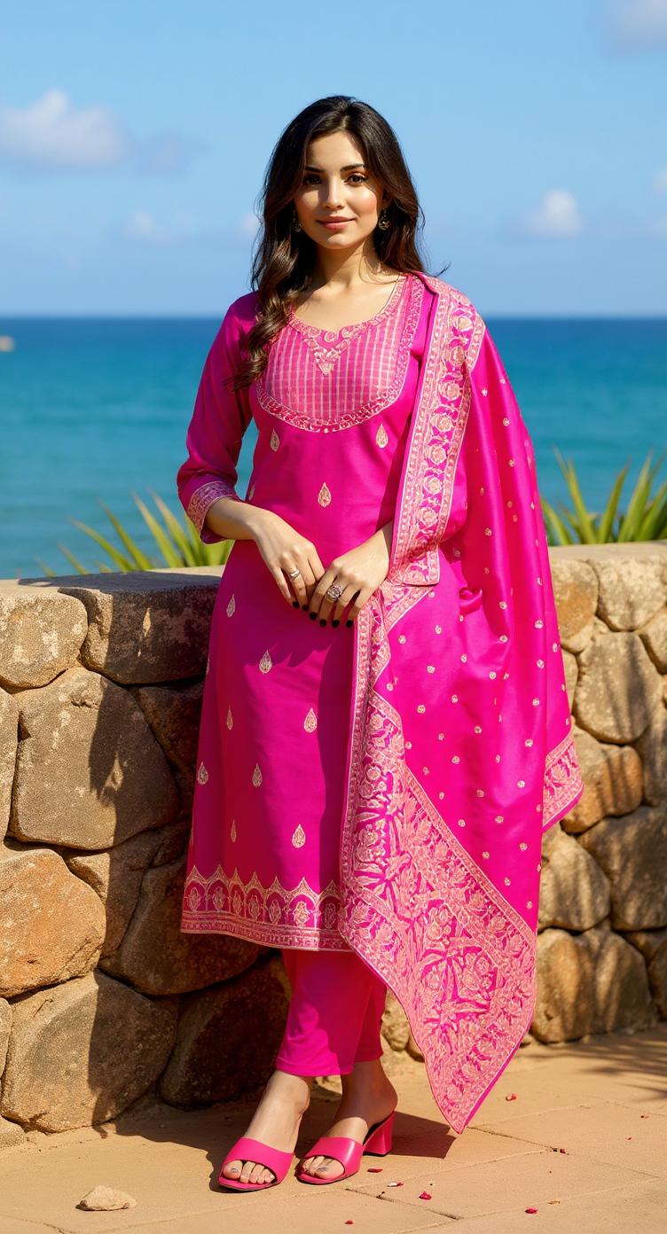 PINK COLOURED  WOMEN'S VISCOSE RAYON KURTA WITH  DUPATTA SET