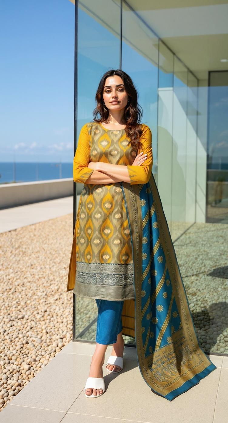 YELLOW COLOURED  WOMEN'S  POLYSTER KURTA WITH  DUPATTA SET