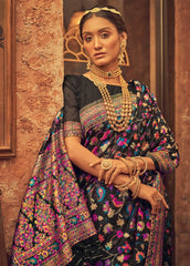 Kashmiri Weaving Multiple color thread weaving pure zari weaving black coloured saree