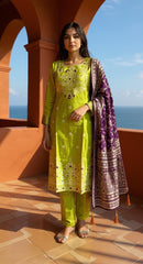 LIME GREEN  COLOURED  WOMEN'S  POLYSTER KURTA WITH  DUPATTA SET