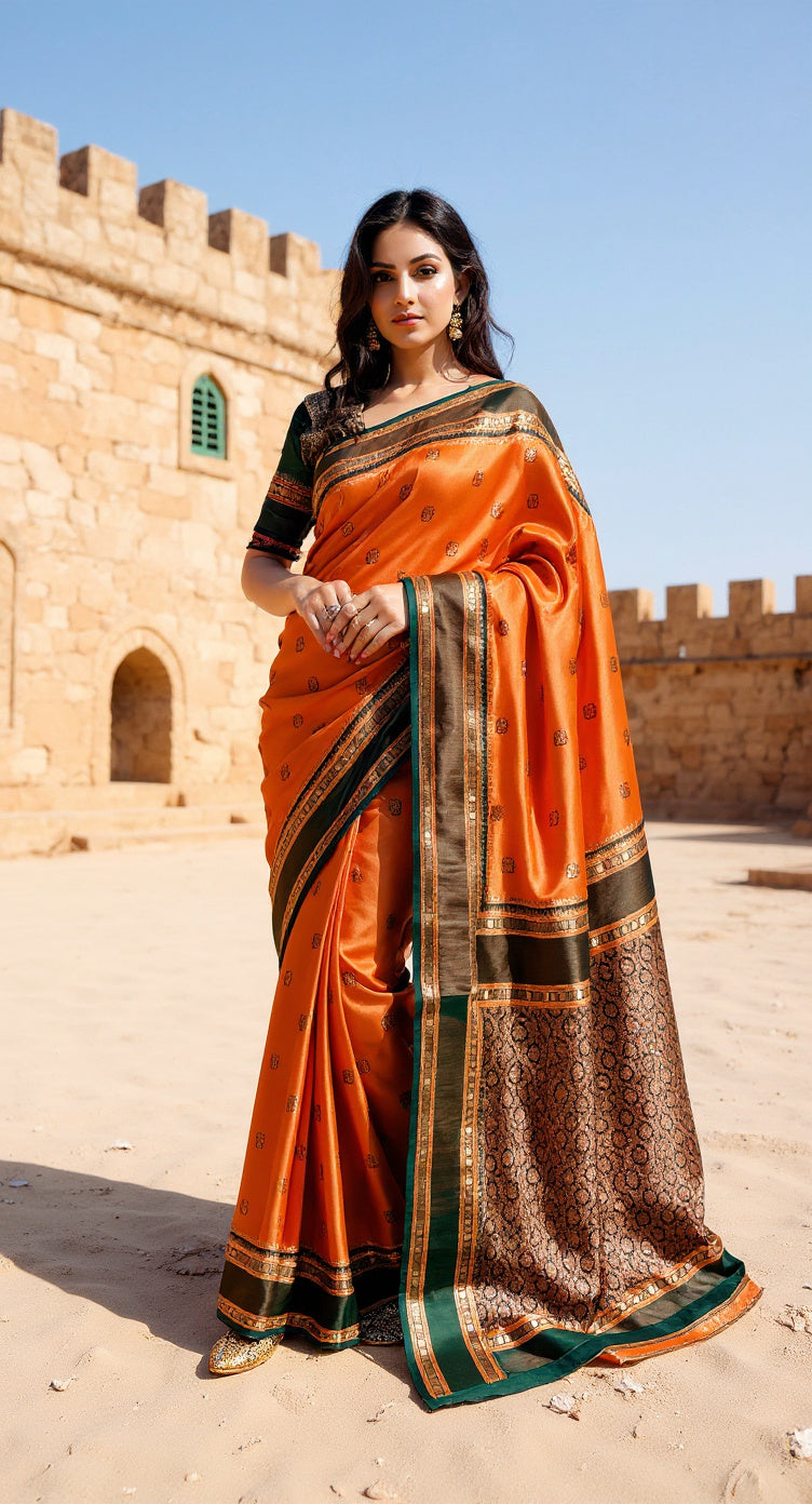 THE BANARASI SAREEIS MADE UP OF SILK THREADS WOVEN USING