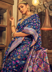 Kashmiri Weaving Multiple color thread weaving pure zari weaving blue coloured saree
