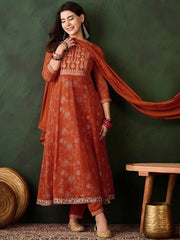 ORANGE COLOURED  WOMEN'S GEORGETTE  KURTA WITH  DUPATTA SET