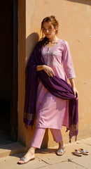 LAVENDER COLOURED  WOMEN'S POLYSETER  KURTA WITH  DUPATTA SET