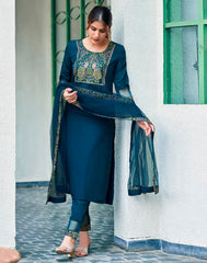 BLUE  COLOURED  WOMEN'S VISCOSE RAYON KURTA WITH  DUPATTA SET