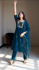 BLUE COLOURED  WOMEN'S VISCOSE RAYON KURTA WITH  DUPATTA SET